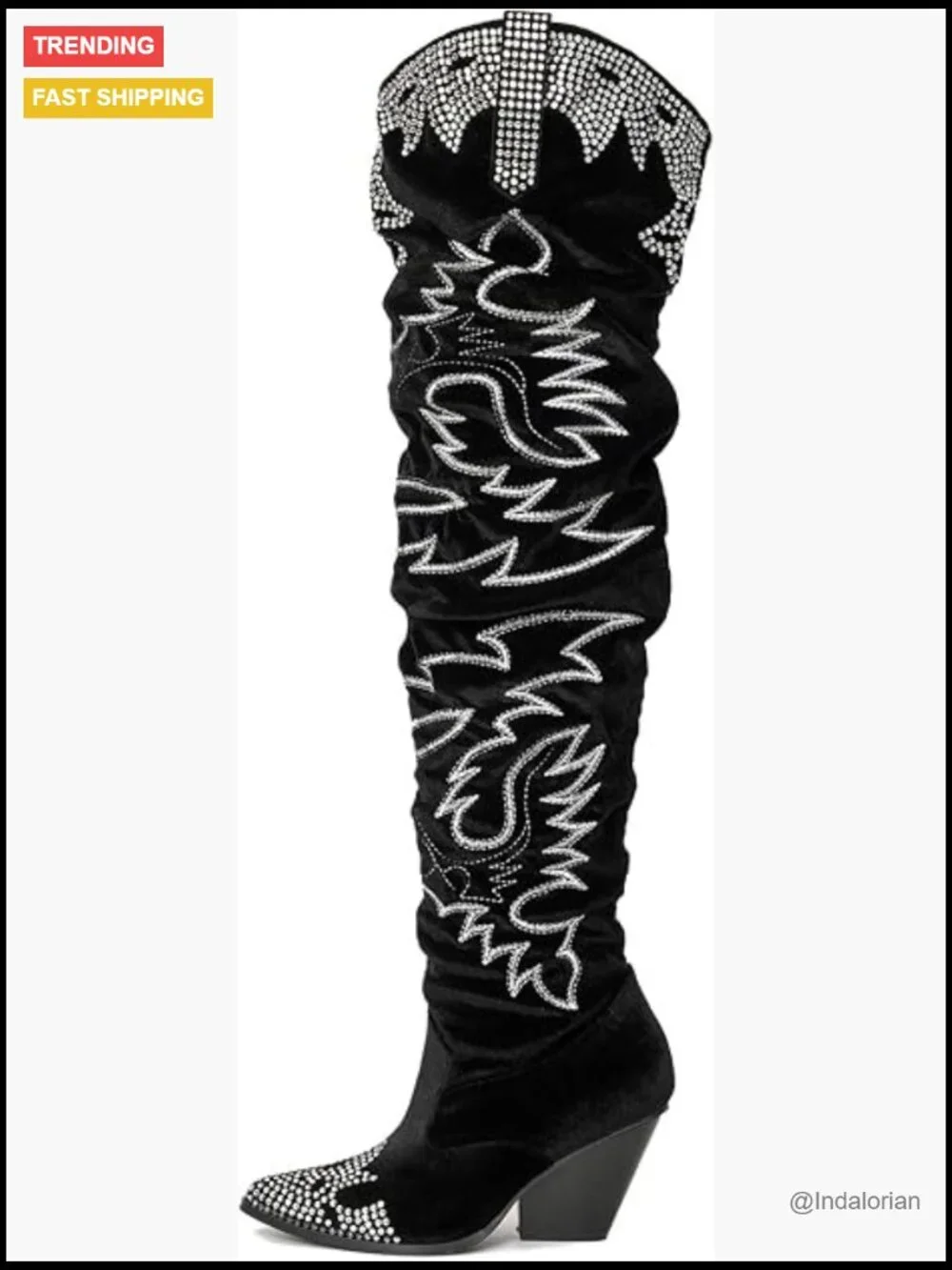 Rhinestone Embroidered Cowboy Boots Thigh High Slouchy Wide Calf Over the Knee
